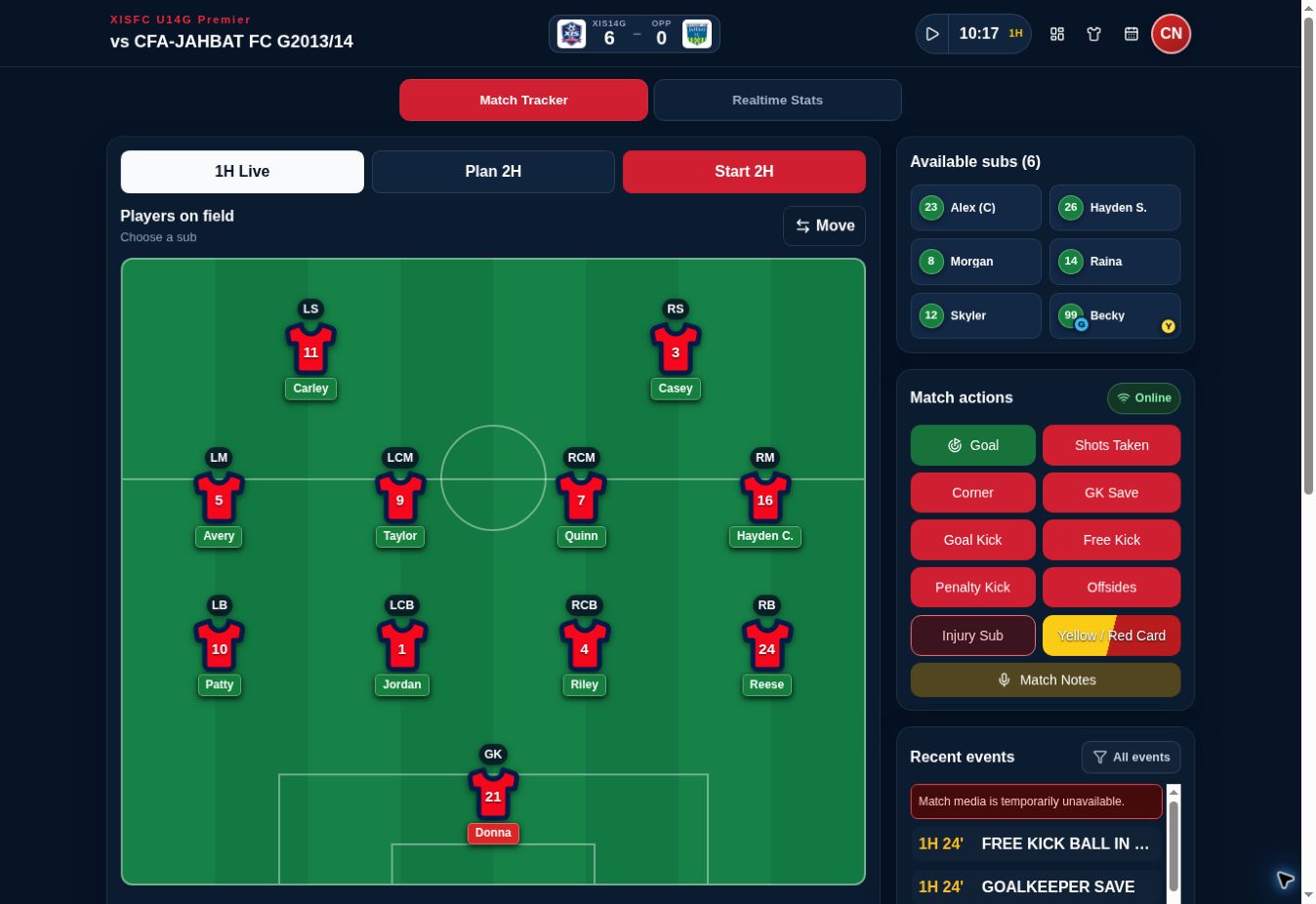 Actual XIShift match tracker for XISFC U14G Premier showing the field, lineup, substitutes, match actions, and recent events